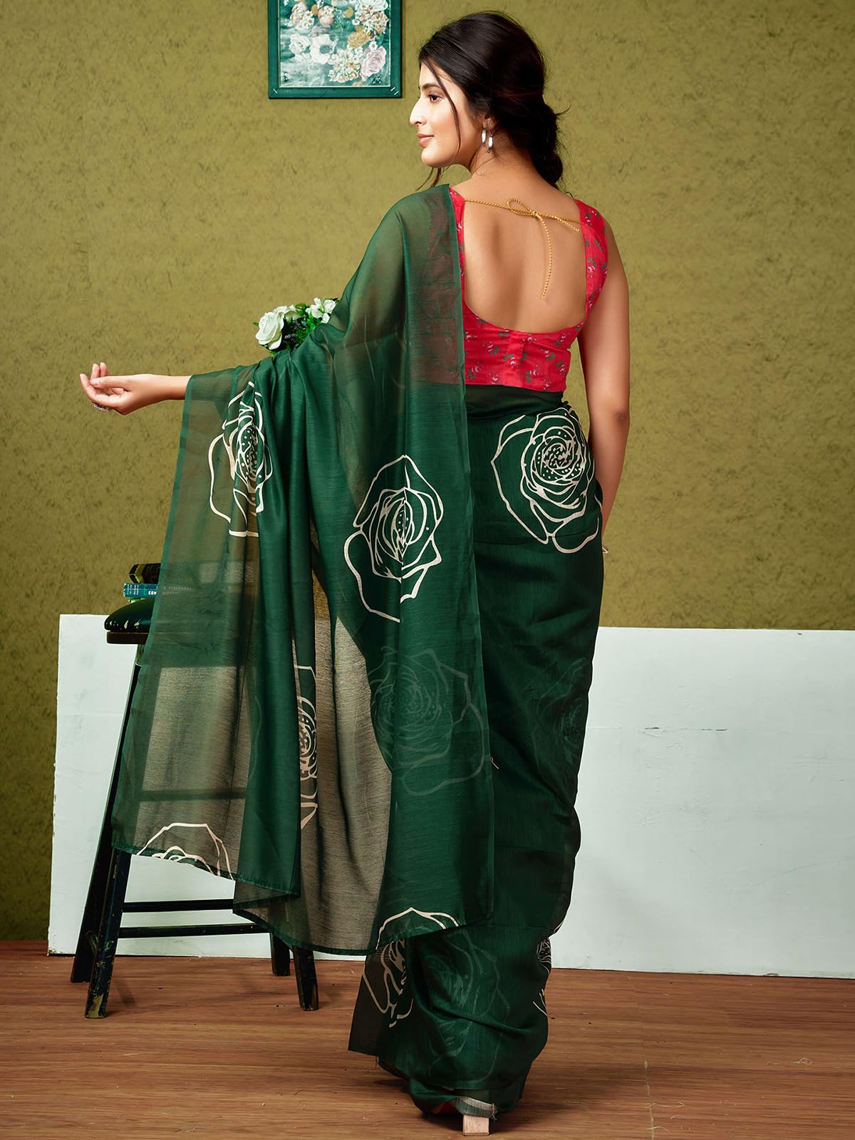 Satrani WomenS Chanderi Cotton Printed Ready To Wear One Minute Pre Pleated Readymade Saree With Unstitched Blouse Piece (32Rs3