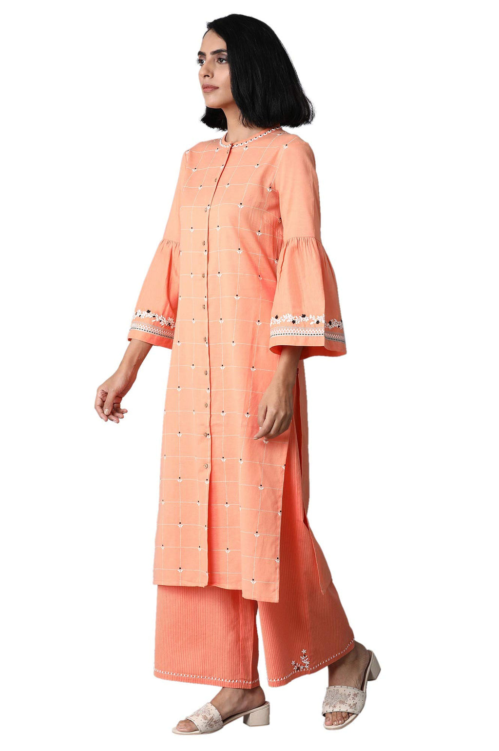 W For Woman Women Cotton Straight Fit Solid Mandarin Collar Straight Kurta