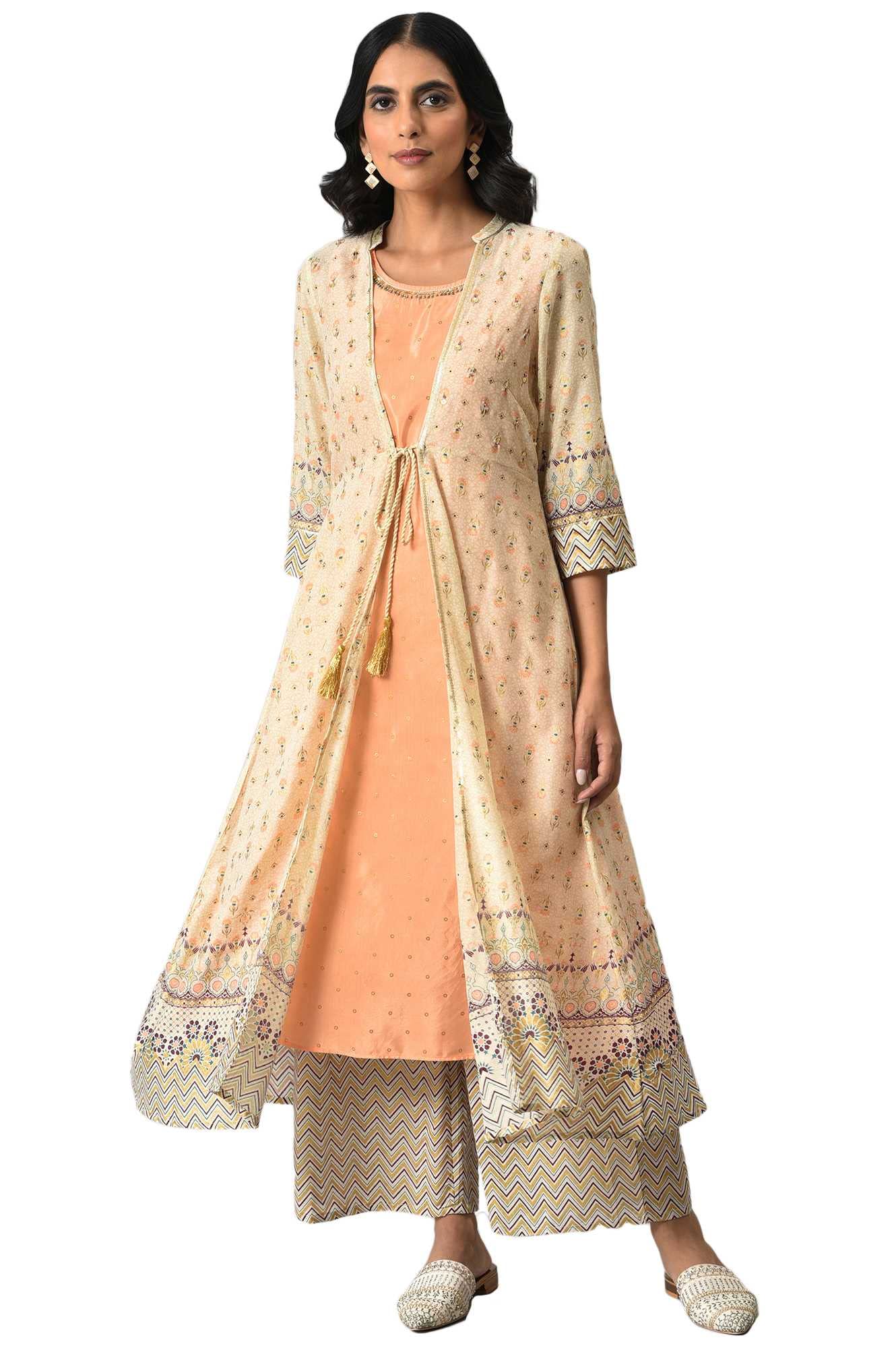 Aurelia Womens Beige Printed Front Open Gilet With Peach Inner Kurta And Beige Straight Palazzo_22AUD10439-503225_S