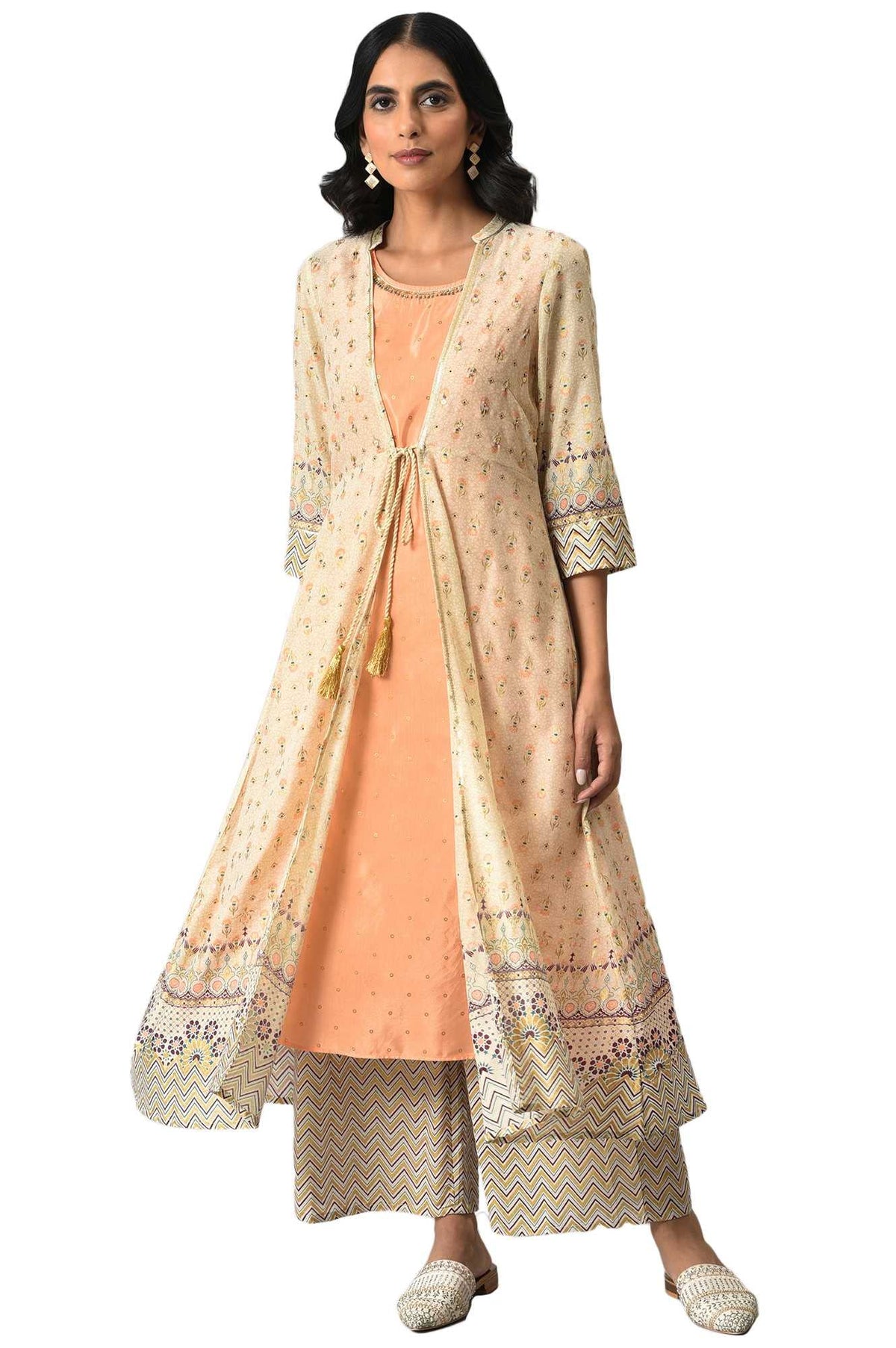 Aurelia Polyester WomenS Beige Printed Front Open Gilet With Peach Inner Kurta Set With Beige Straight Palazzo_22Aud10439-50322