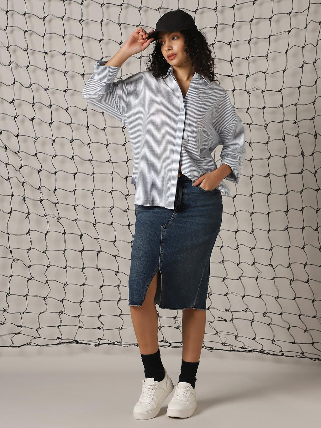 Hubberholme Women Striped Longline Length Oversized Spread Collar Spread Collar Long Sleeve Shirt