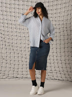 Hubberholme Women Striped Longline Length Oversized Spread Collar Spread Collar Long Sleeve Shirt