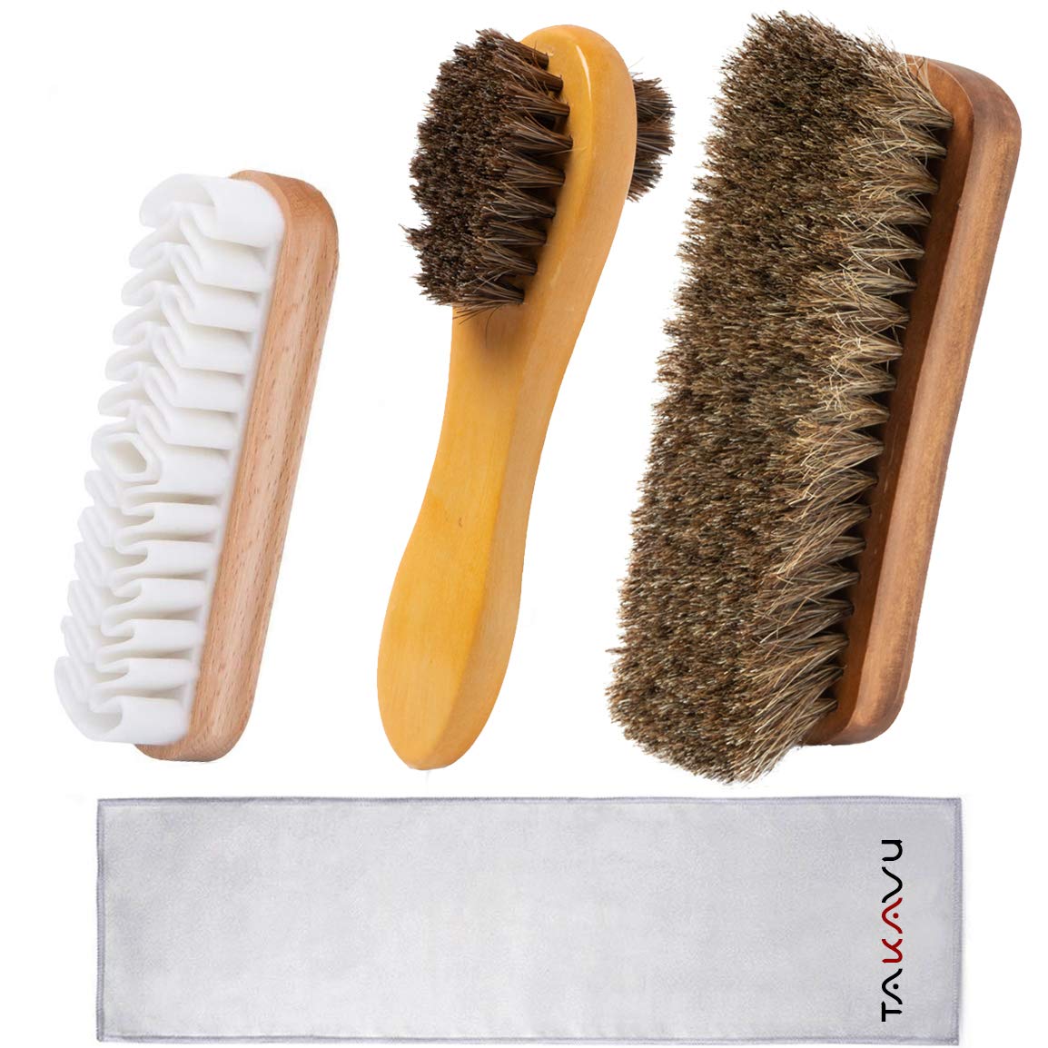 TAKAVU Shoe Shine Kit (4PCS)  100% Soft Horsehair Bristles Brush, Polish Applicator, Crepe Suede Shoes Brush, Microfiber Buffin 4