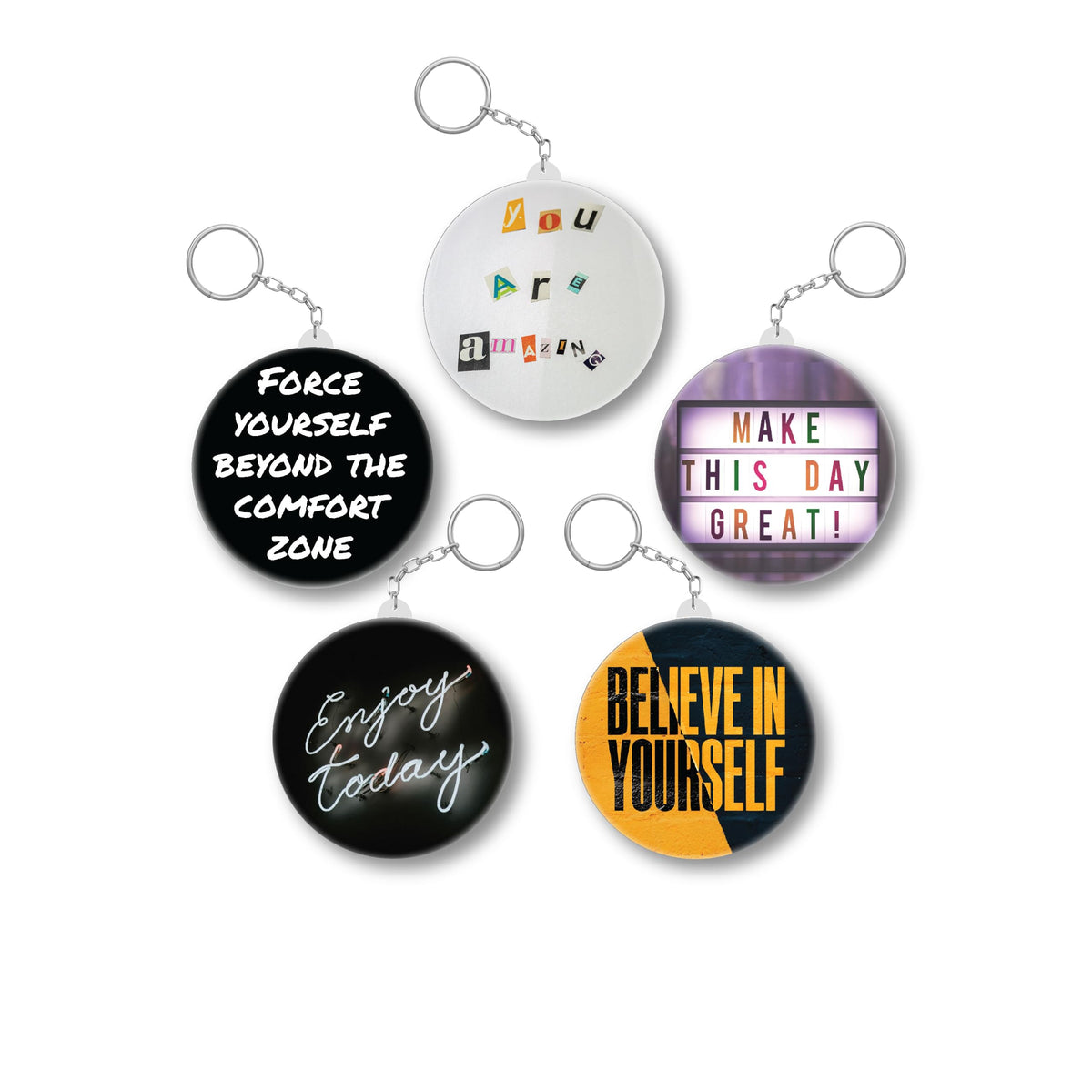 D2C Motivational Quotes Keychain Set Of 5 | 58Mm Round Inspirational Theme Keyring With Positive Affirmations | Gift For Student 5.8