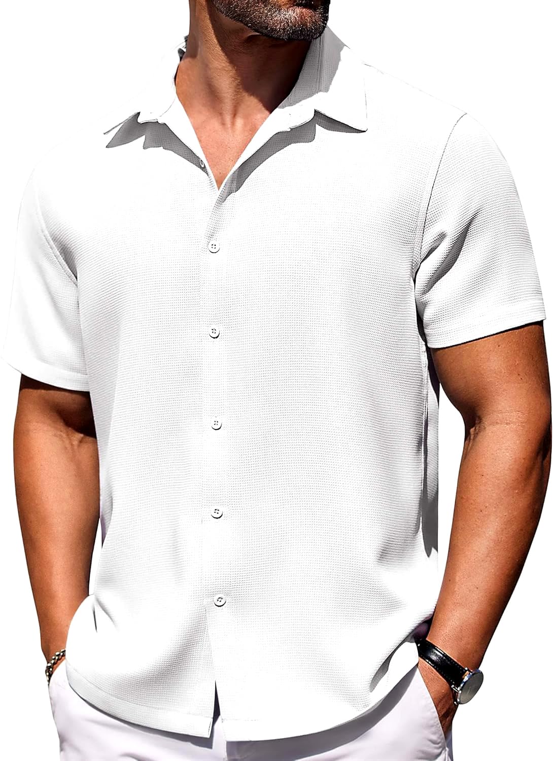 CB-COLEBROOK Mens Waffle Knit Shirt Short Sleeve Button Down Shirts Casual Beach Vacation Shirts Latest Textured Wrinkle Free Sh