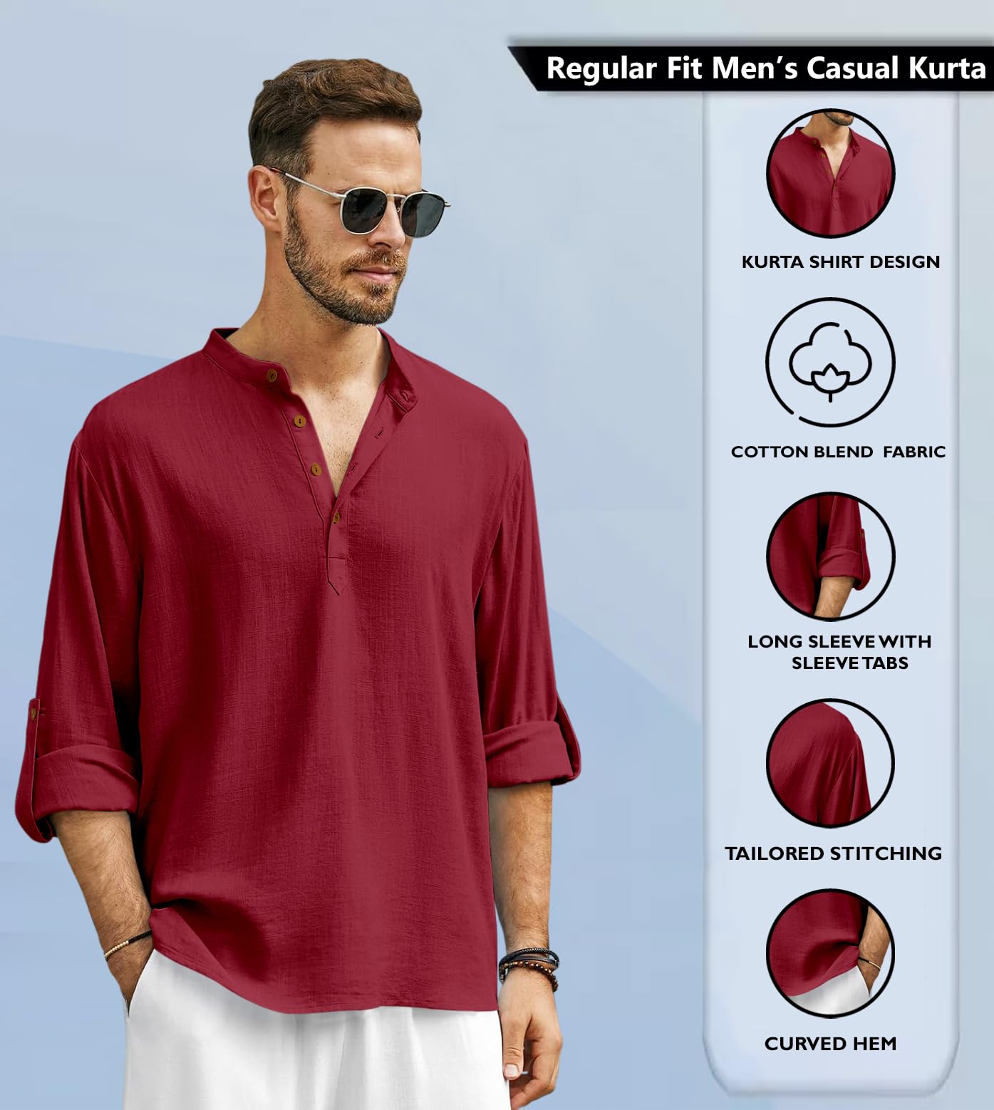 Zombom MenS Cotton Blend Solid Casual Regular Fit Mandarin/Chinese Collor Short Kurta Shirt Maroon