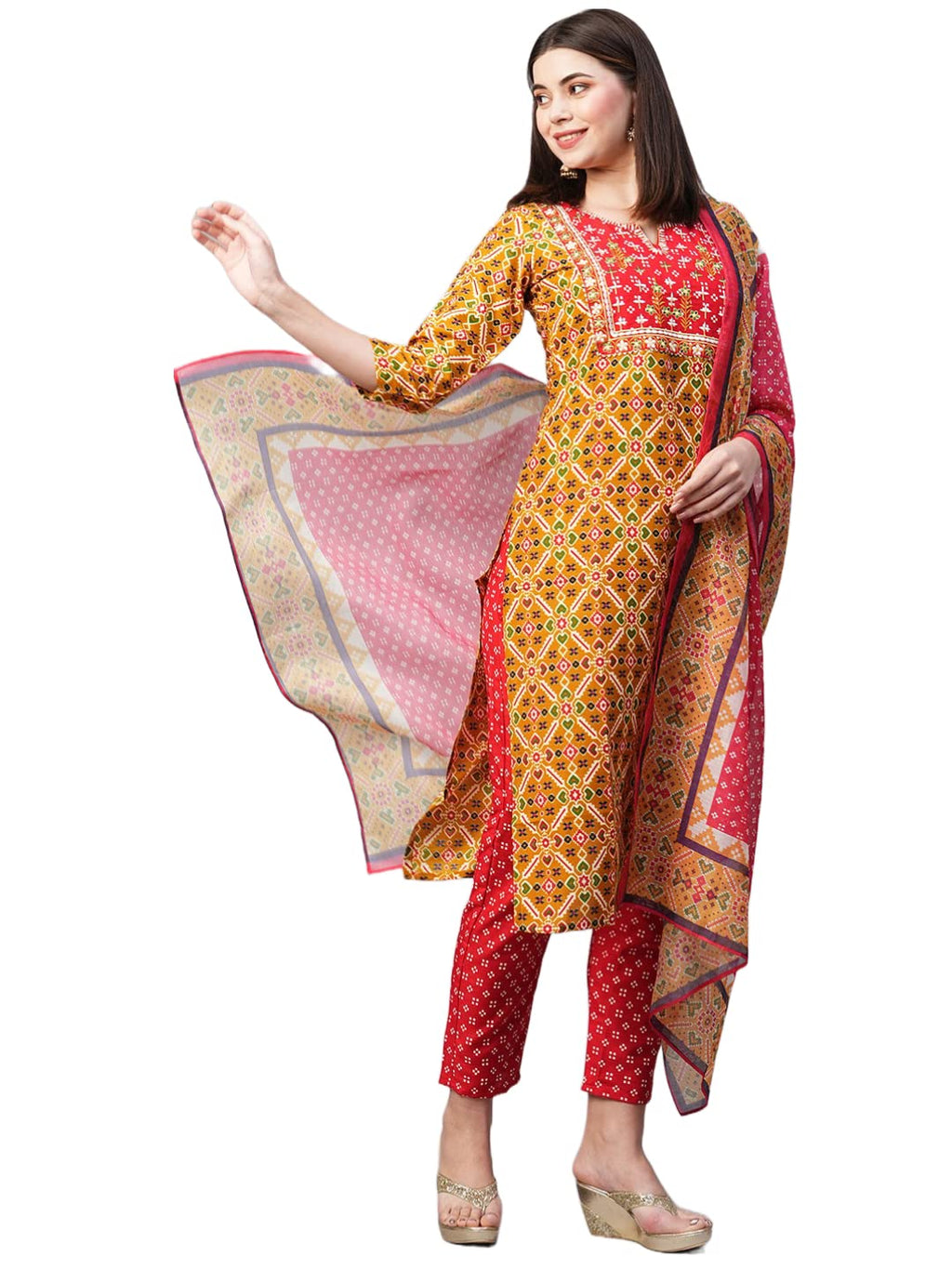 ANNI DESIGNER Womens Cotton Blend Printed Straight Kurta with Pant & Dupatta (Makshi Yellow_XL_Yellow_X-Large)