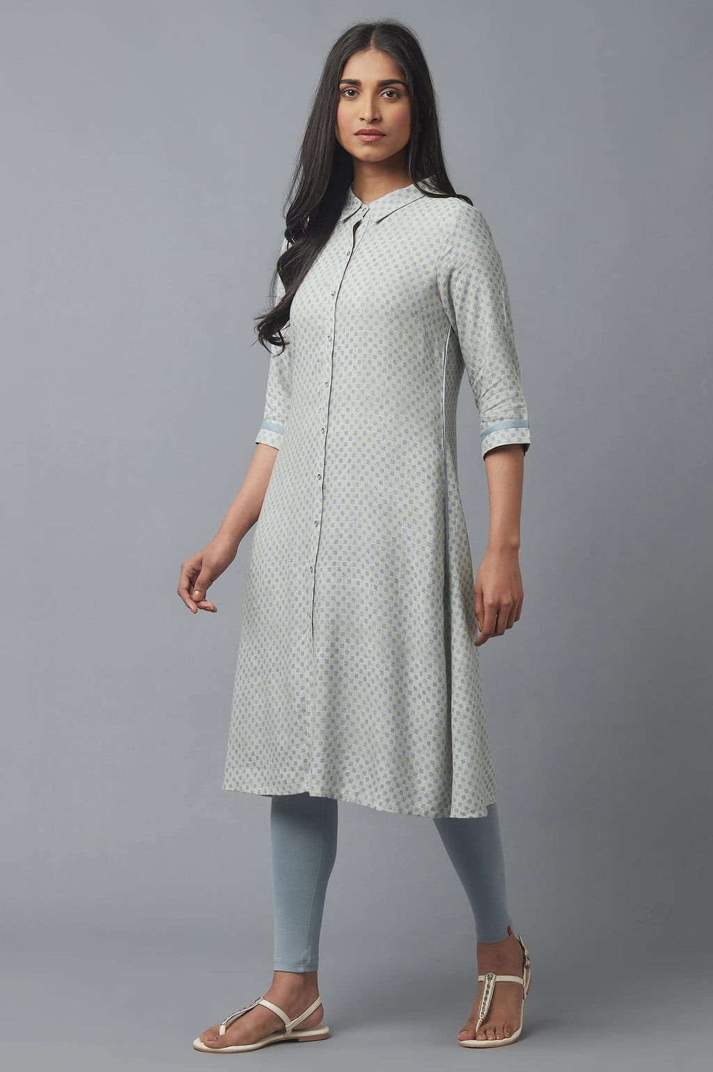 W For Woman Rayon Checked Shirt Collar A Line Kurta For Women