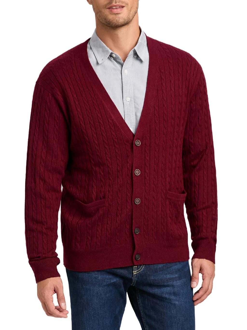 Kallspin Men's Cardigan Sweater Cashmere Wool Blend Cable Knit V Neck Buttons Cardigan with Pockets(Burgundy Red, Medium)