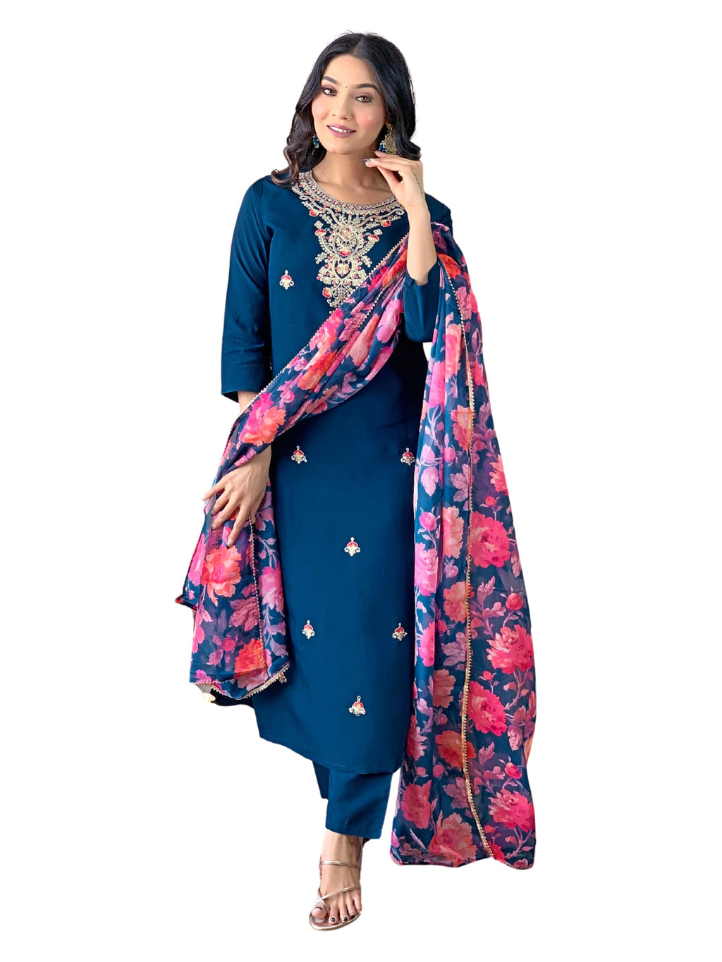 Naixa Womens Petrol Rayon Blend Embroidered and Printed Straight Kurta with Rayon Blend Pant and Organza Printed Dupatta Sets (