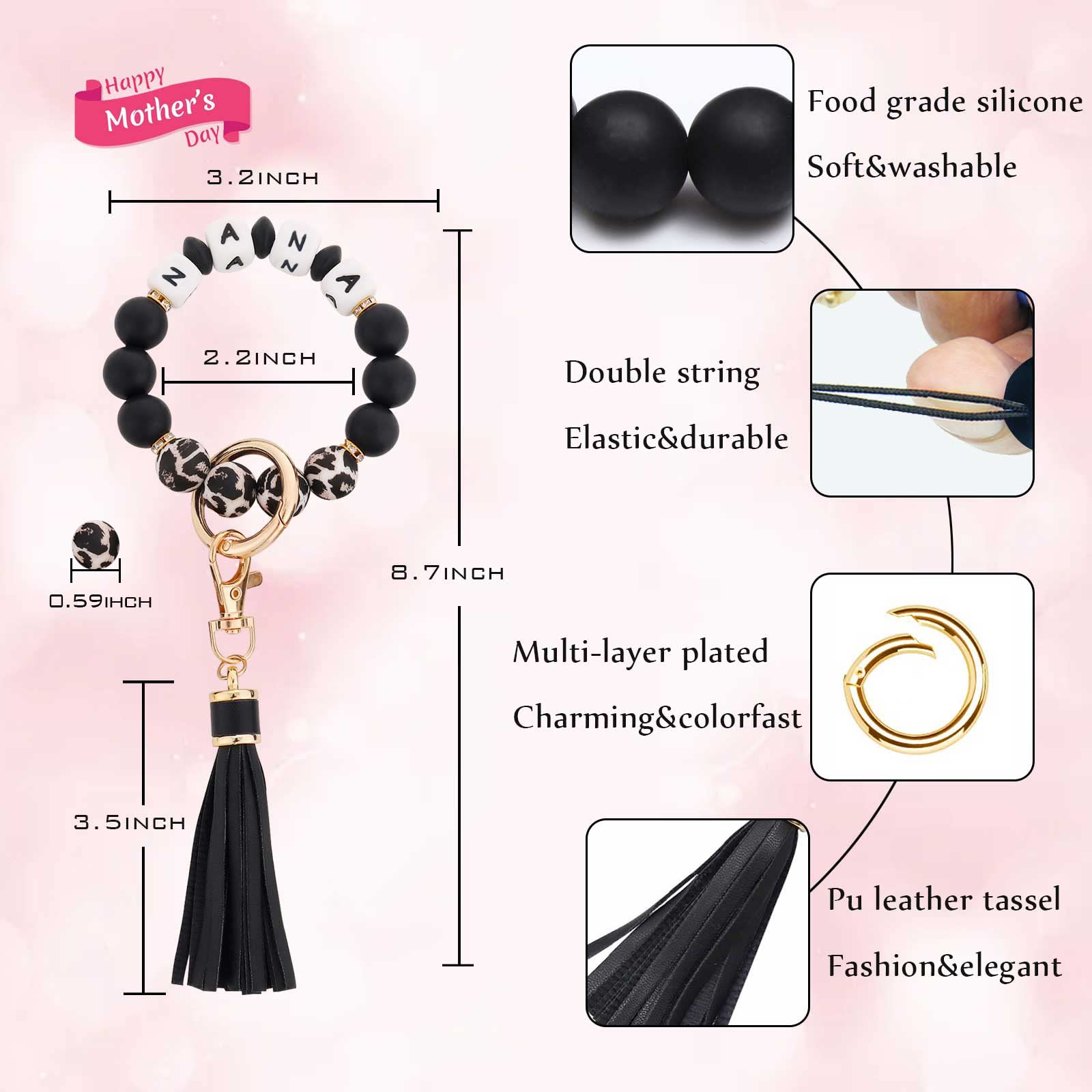 BAOSIWA Silicone Beaded Nana Bracelet Keychain Black Leopard Wristlet Key Ring Bangle Chains Christmas Gifts for Women Grandma w