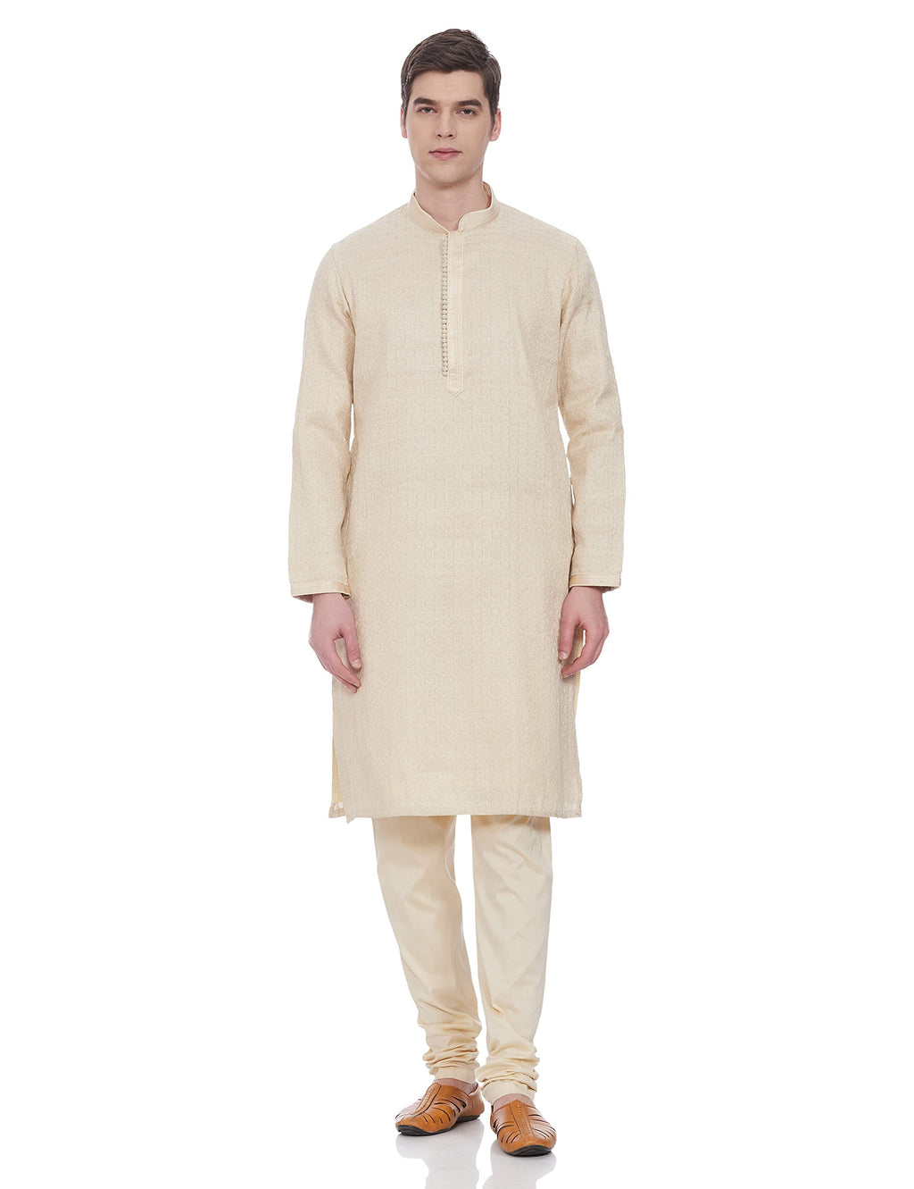 Manyavar Elegant Jacquard Print Full Sleeves Kurta And Churidar Set For Men - (Beige, X-Large)