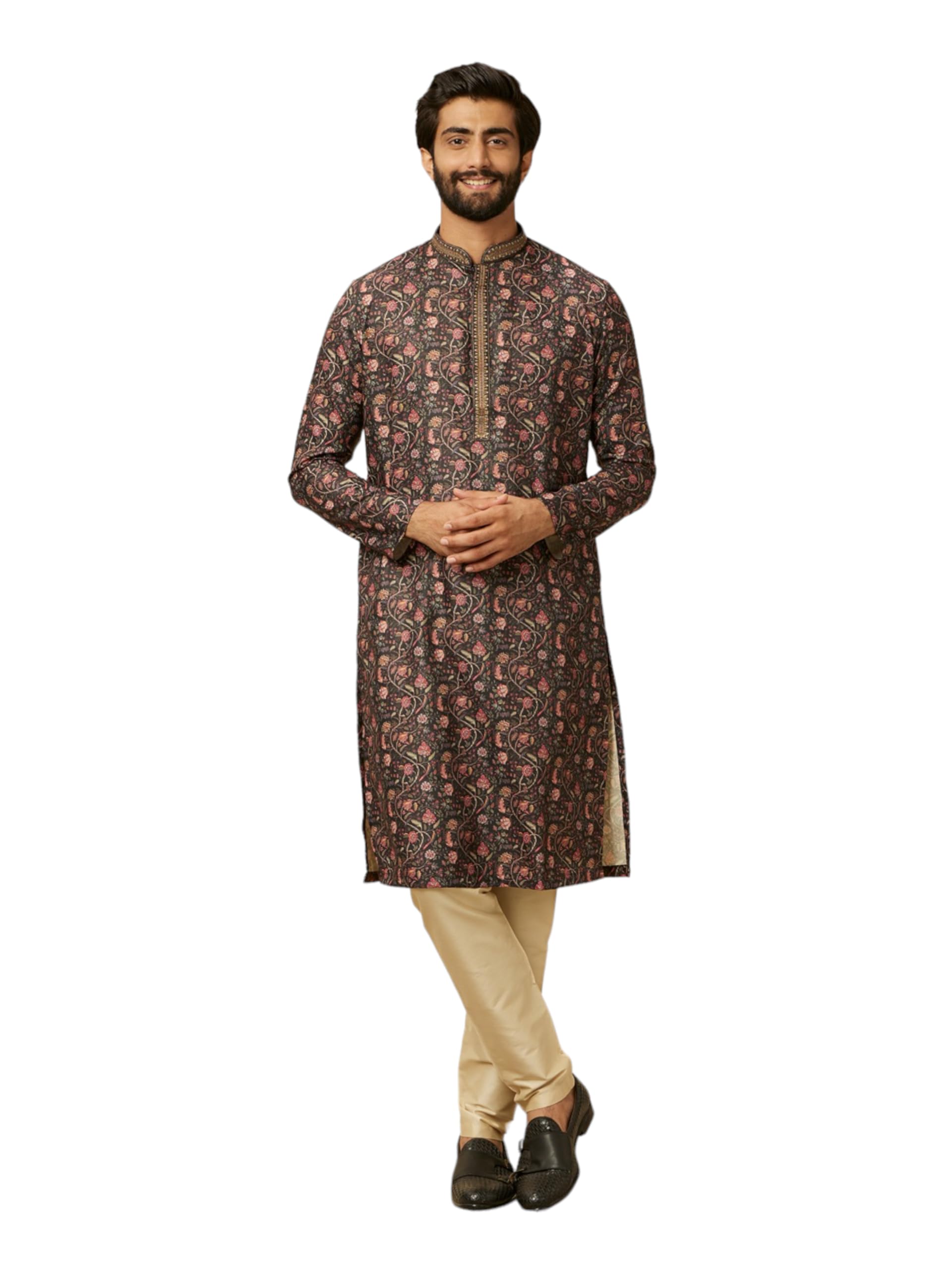 Manyavar Black Blended Viscose Digital Print | Embroidery Kurta Pyjama Set