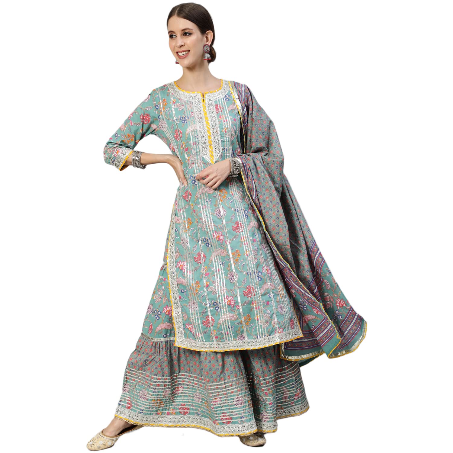 Ishin Women'S Blue Gotta Patti Embroidered A-Line Kurta Set With Sharara And Dupatta