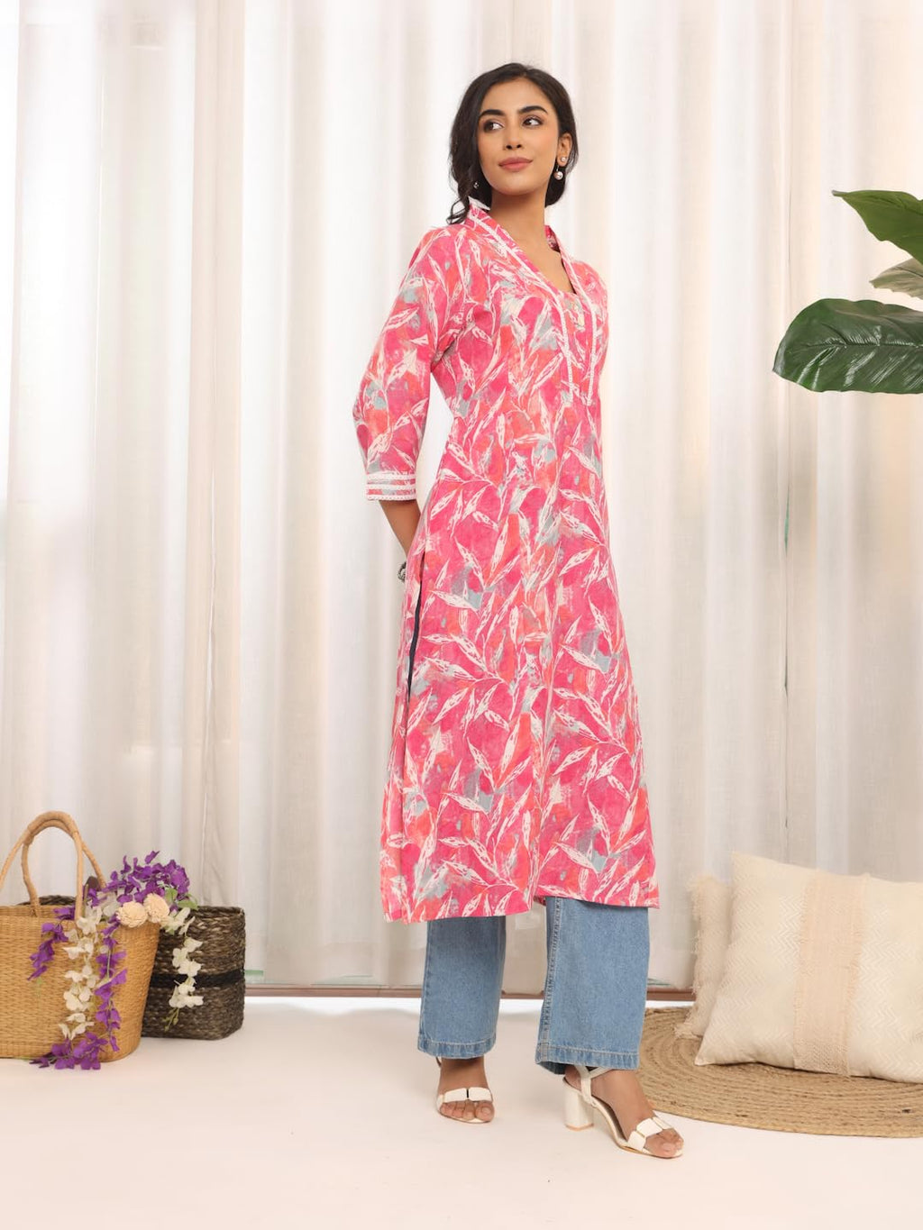 Varanga Women V-Neck Tropical Printed Kurta  Stylish, Comfortable, And Perfect For Relaxed And Casual Looks Pink