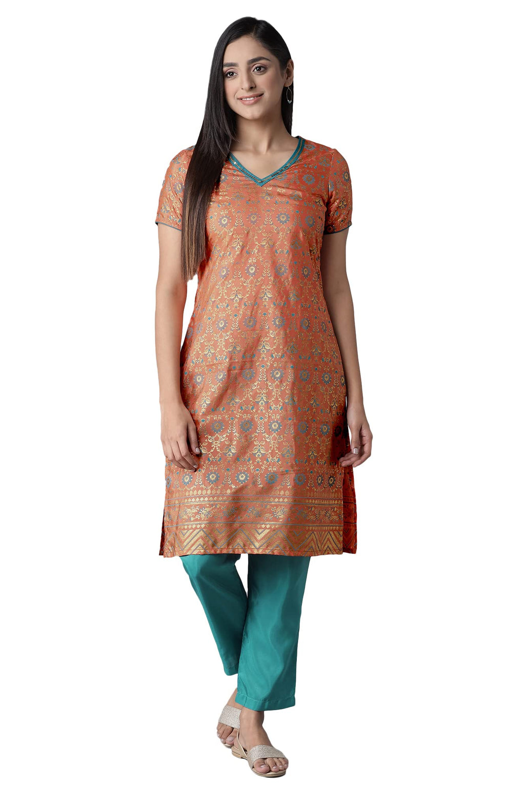 Aurelia Women'S Polyester Kurta-Trousers (21Onas12901-505017_Orange_M)