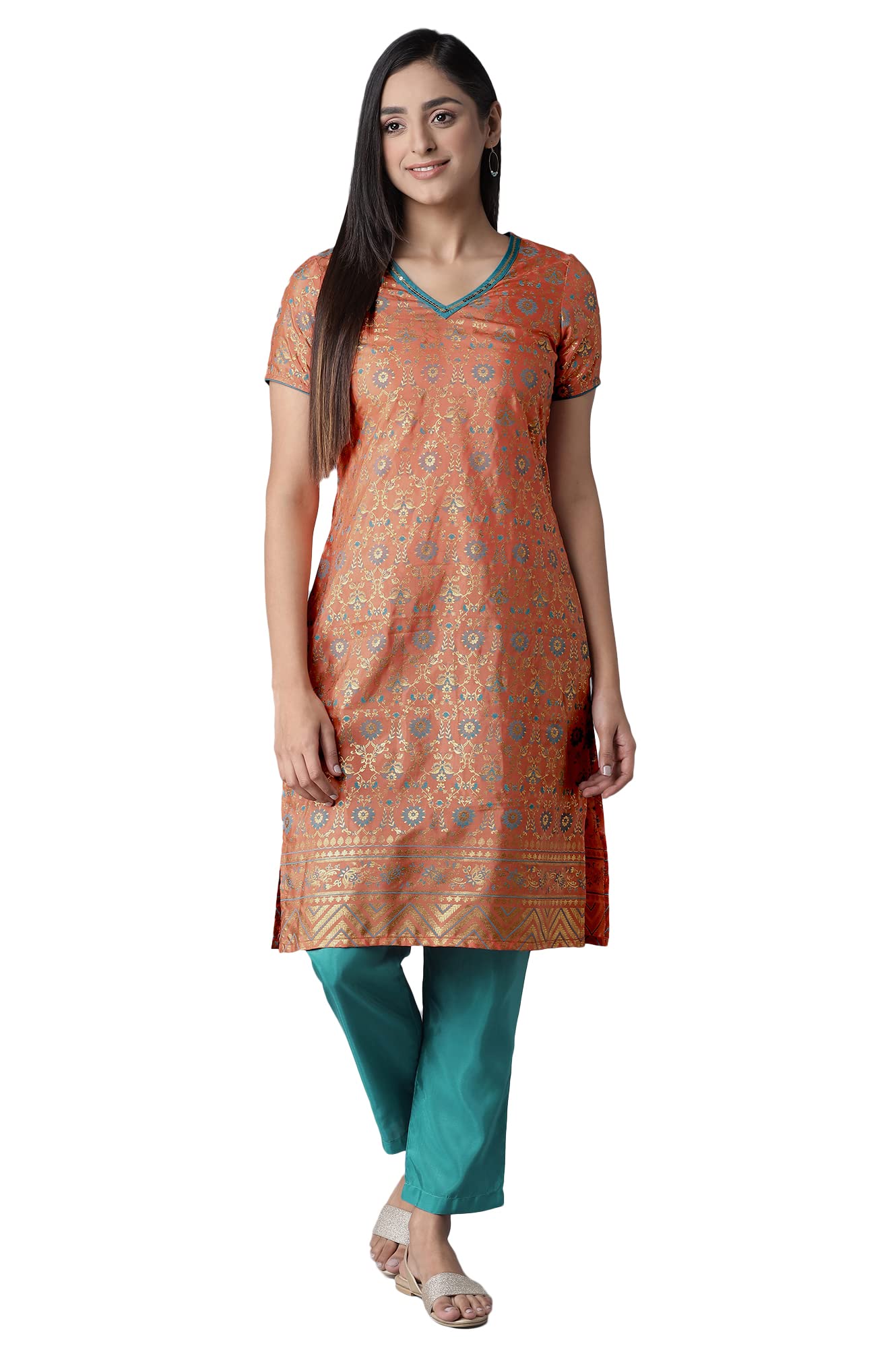 Aurelia Women'S Polyester Kurta-Trousers (21Onas12901-505017_Orange_M)