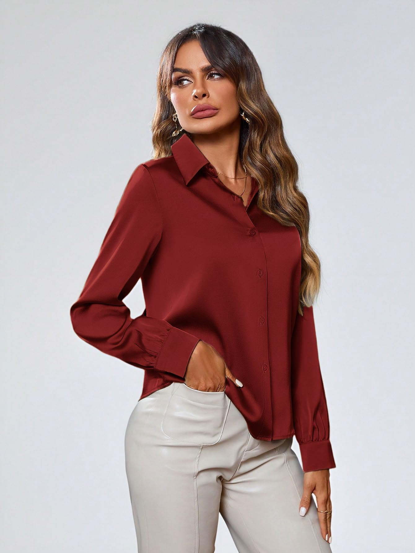 Indoprimo WomenS Solid Satin Casual Shirt | Stylish Western Long Sleeve Shirt For Women