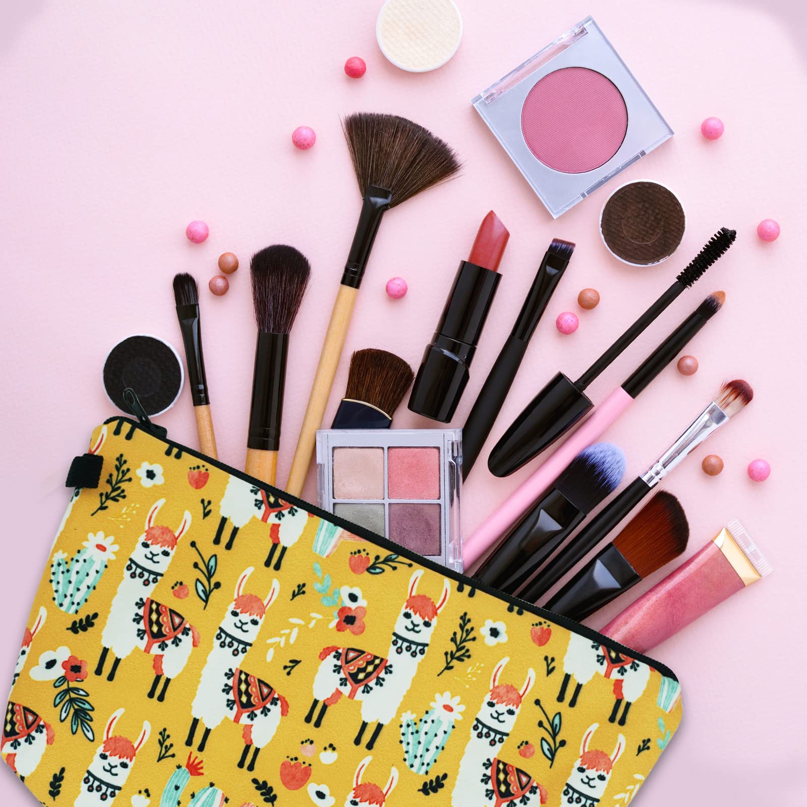 Cosmetic Bags for Women Small Lovely Llama and Cacti Makeup Bag for Purse Travel Toiletry Bag Accessories Organizer Zipper Pouch