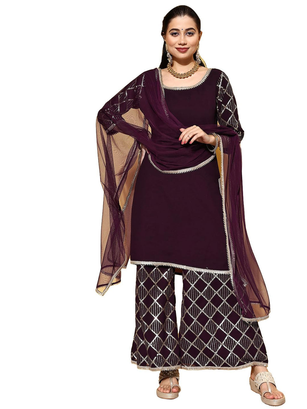 Libas Womens Solid Georgette Straight Kurta With Palazzos And Dupatta