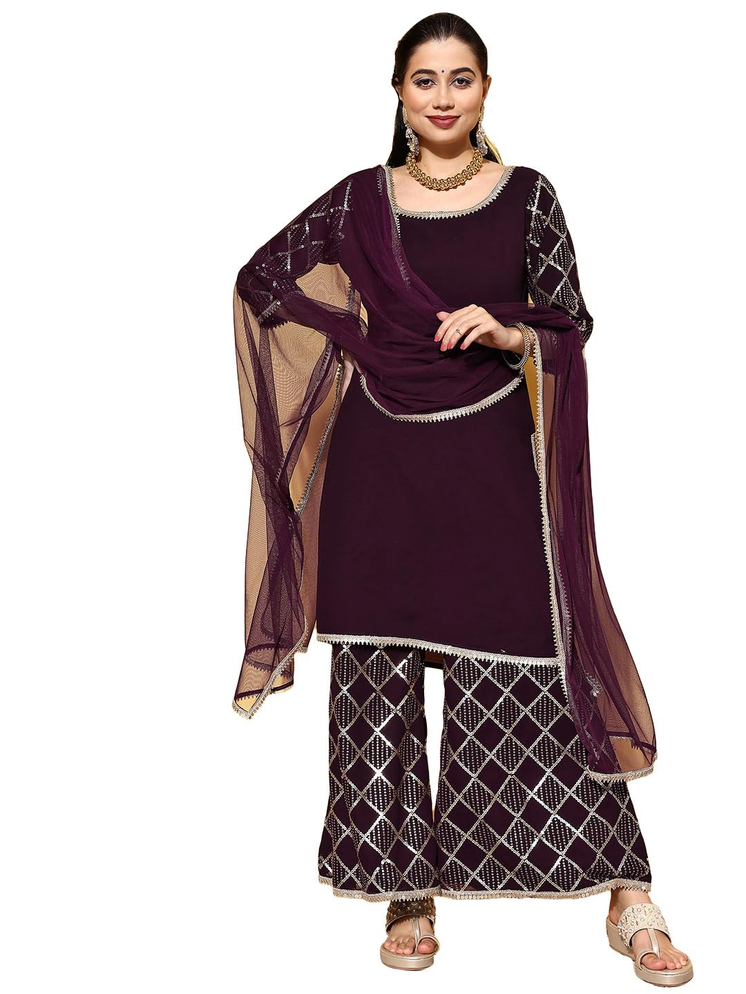 Libas Womens Solid Georgette Straight Kurta With Palazzos And Dupatta