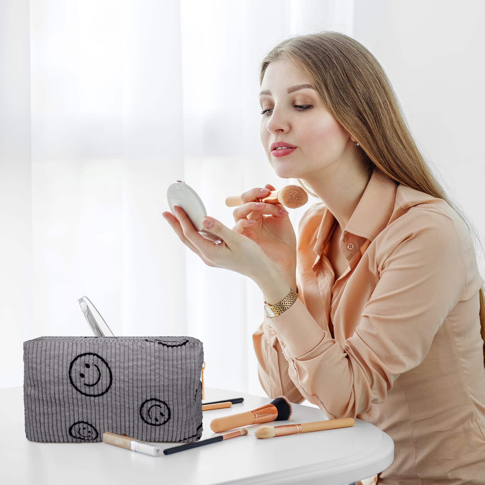 3 Pcs Corduroy Cosmetic Bag Smile Face Aesthetic Preppy Makeup Bag Corduroy Toiletry Aesthetic Pouch Travel Smile Bags for Women