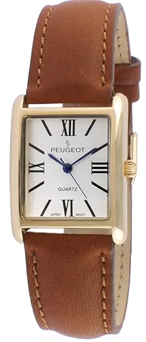Peugeot Women's 14K Gold Plated Tank Leather Dress Watch with Roman Numerals Dial, Brown