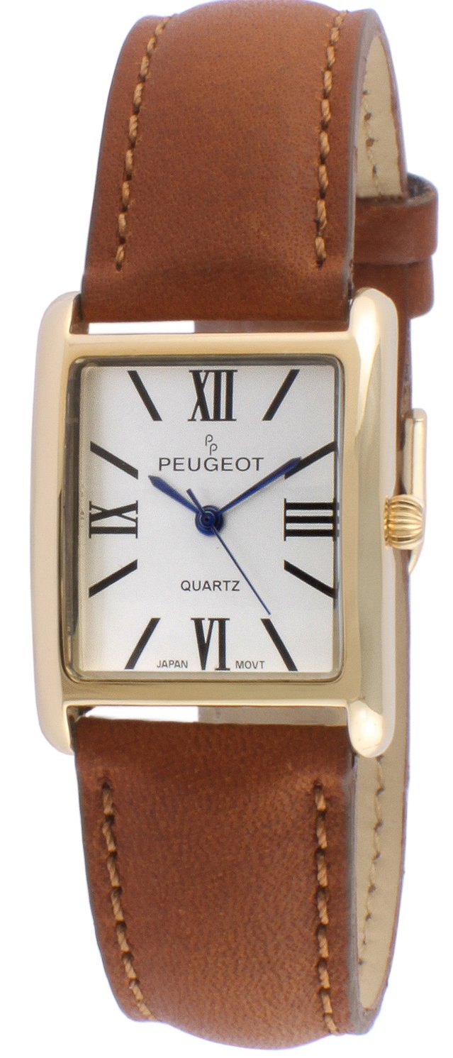Peugeot Women's 14K Gold Plated Tank Leather Dress Watch with Roman Numerals Dial, Brown