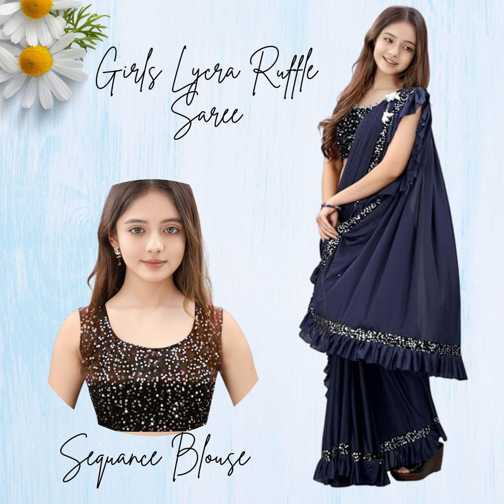 Dhyey Fashion Fashionable Baby Girls Lycra Blend Saree With Velvet Unstitched Blouse Piece | Readymade Saree For Girls | Sarees
