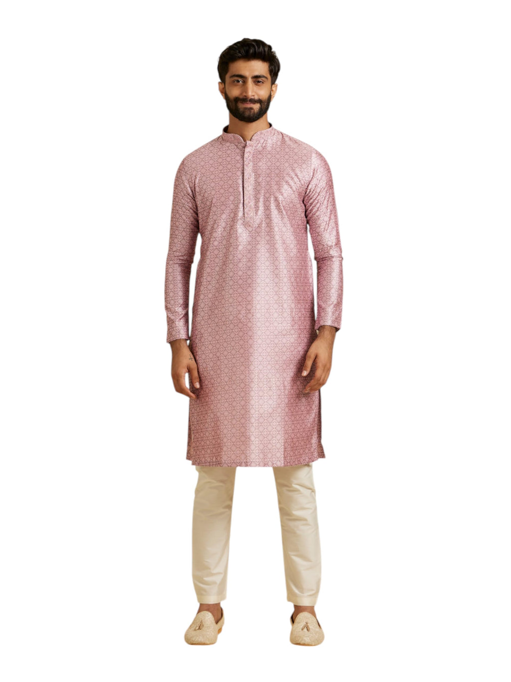 Manyavar MenS Art Silk Neck Embellished, Jacquard Kurta Pyjama Set (Pink,2Xl)