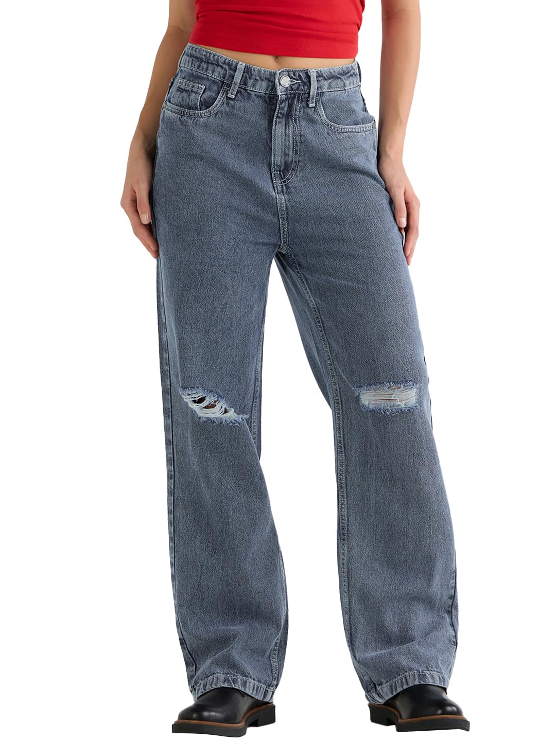 Bewakoof WomenS Baggy Straight Fit Distressed Jeans_624257_Blue_30