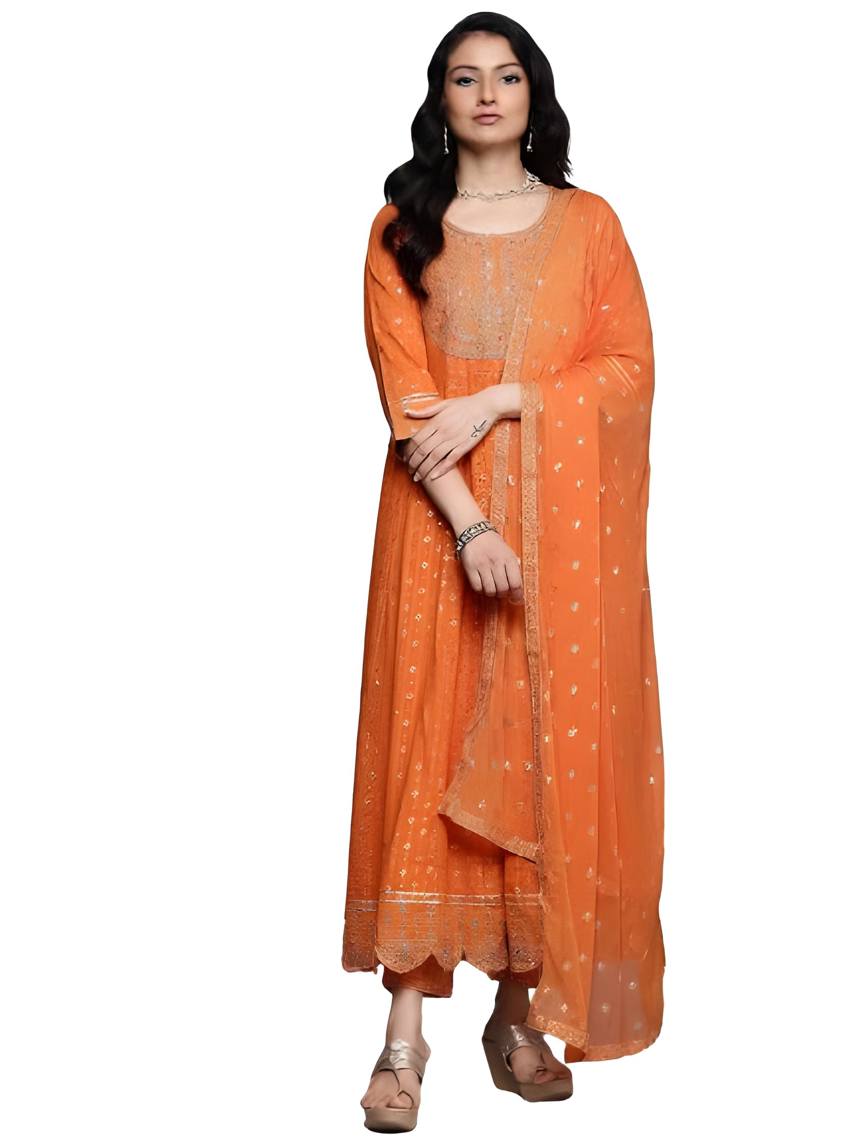 Varanga Women Orange Mirror And Thread Embroidered,Zari Embellished Scalloped Schiffli Anarkali Kurta Paired Wirh Printed Bottom
