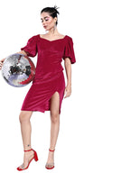 Miss Chase Womens Sweetheart Neck Half Sleeve Solid Bodycon Knee-Long Velvet Dress (MCAW22D13-72-296-06, Fuchsia, XL)