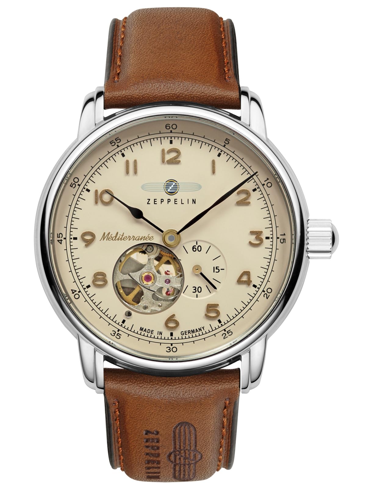 Zeppelin Mediterranee Leather Strap Open Heart Beige Dial Automatic 96665 Mens Watch