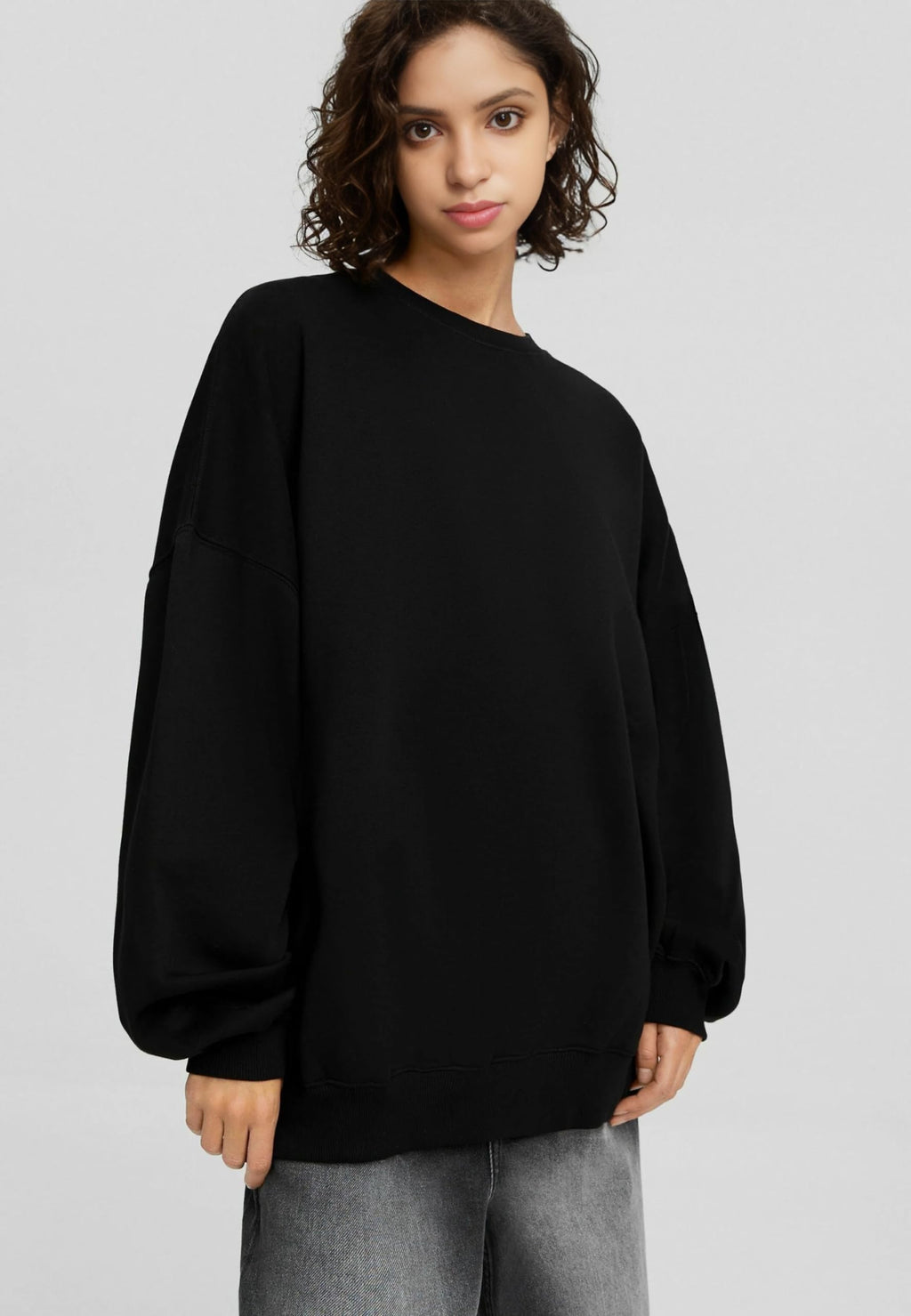 Kotty Women Full Sleeve Round Neck Oversize Solid Sweatshirt Ink Black