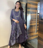 ANNI DESIGNER Womens Rayon Blend Anarkali Embroidered Kurta with Pant & Dupatta (ANANDHI Purple_S_Purple_Small)