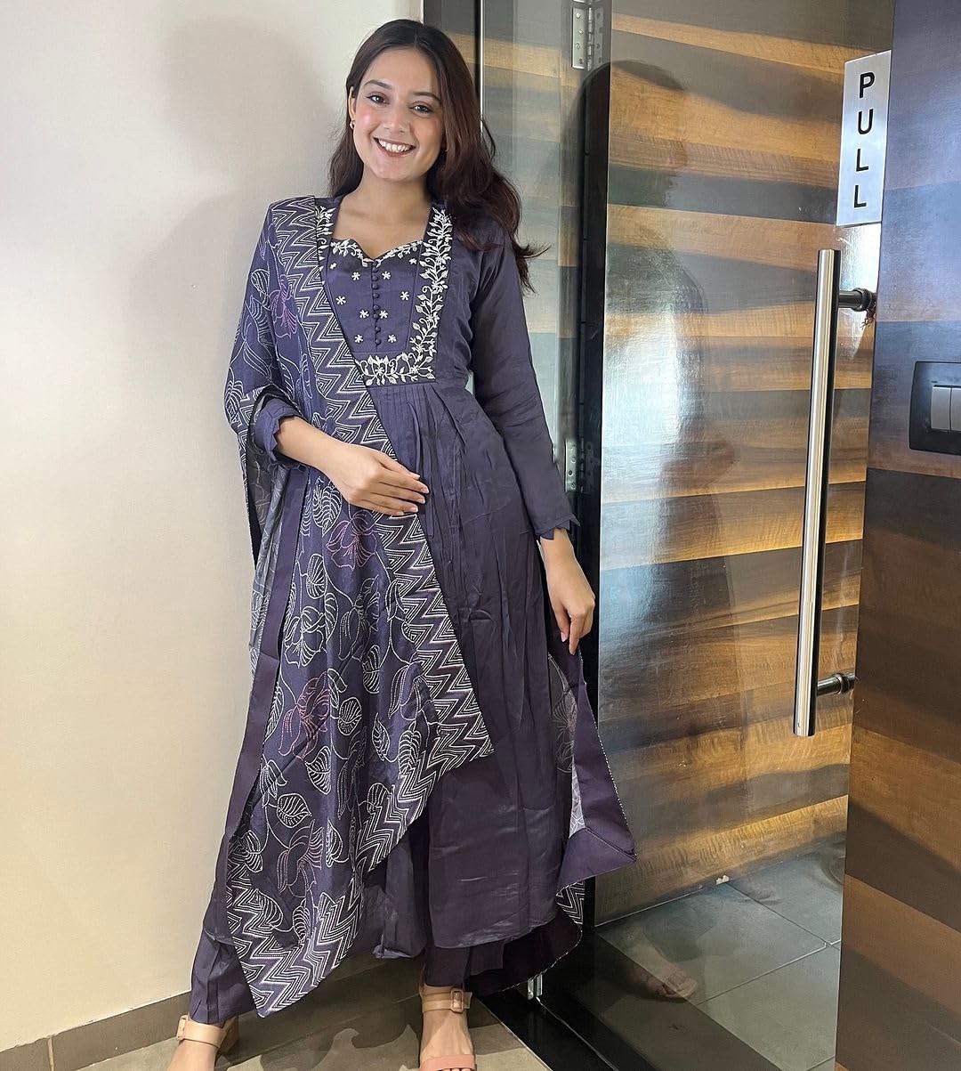 ANNI DESIGNER Womens Rayon Blend Anarkali Embroidered Kurta with Pant & Dupatta (ANANDHI Purple_S_Purple_Small)