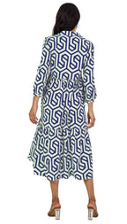 Shasmi Women & Girls Solid Blue Geometric Print Collared Dress With Long Cuffed Sleeves, Panelled Hem And A Button-Up Front Gath