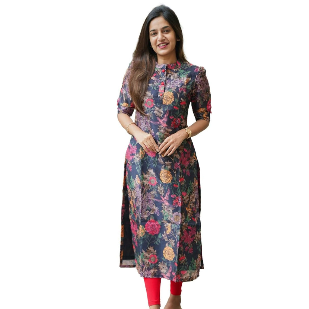 24 Carat Suit WomenS Chanderi Blend Kurta With Floral Printed Regular Fit Mandarin Collared Neck Down Button Half Sleeve Calf L