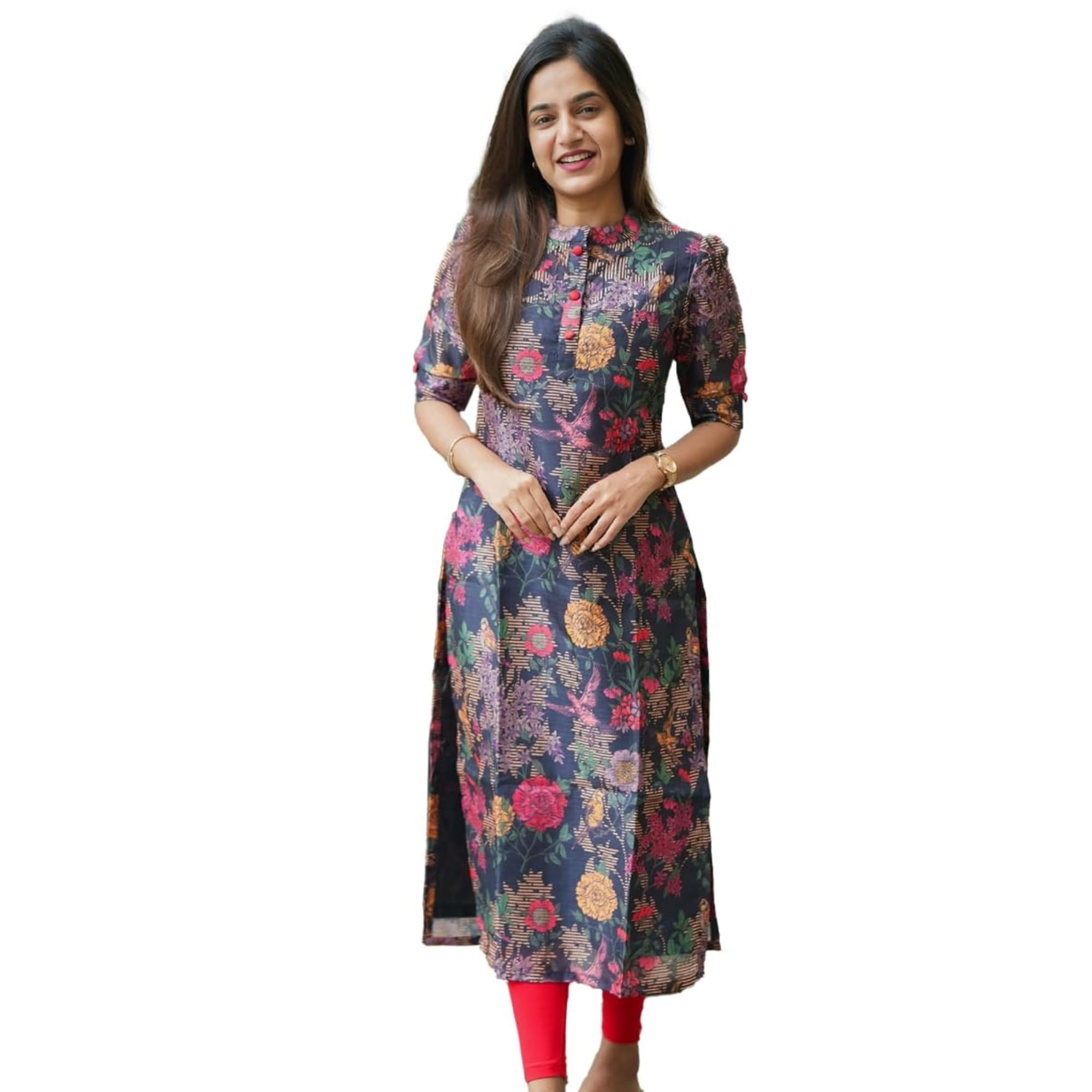 24 Carat Suit WomenS Chanderi Blend Kurta With Floral Printed Regular Fit Mandarin Collared Neck Down Button Half Sleeve Calf L