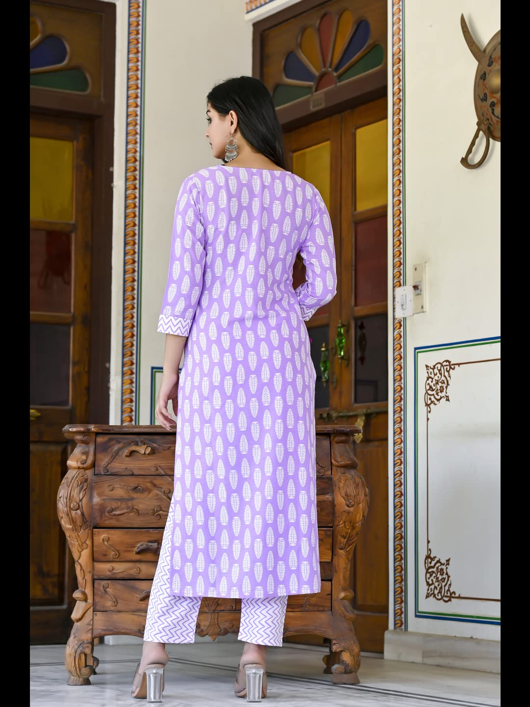 Gosriki Women'S Cotton Blend Traditional Straight Printed Kurta And Pant Set (Danapa Purple-Cmd-Gs)