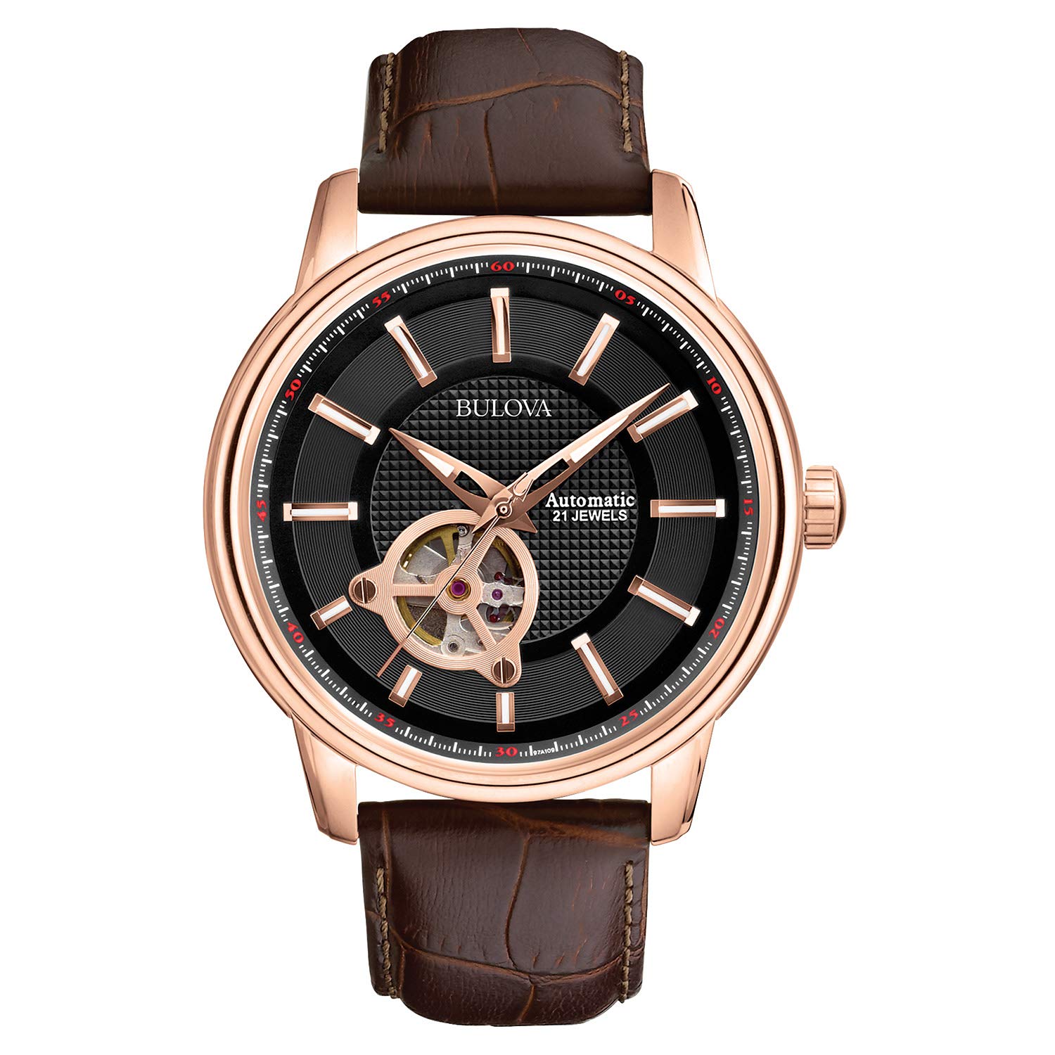 Bulova Men's Classic 3-Hand Automatic Leather Strap Watch, 21-jewels, Hack Feature, Luminous Hands and Markers,Open Aperture and