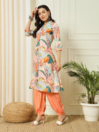 Gufrina Women'S Co-Ords Set - V Neck 3/4 Sleeve Kurti Length Top With Harem Pants, Rayon Fabric (Peach S)