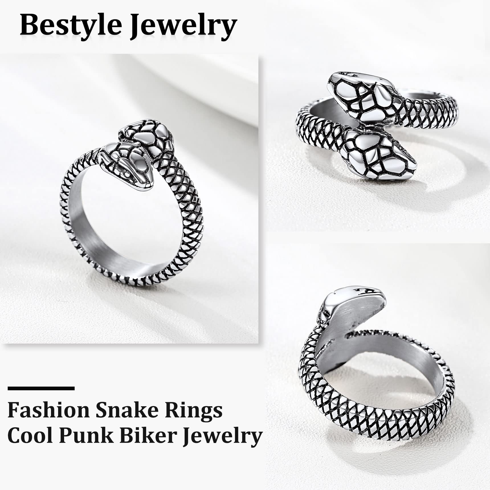Bestyle Cool Stainless Steel Snake Ring for Women Men Cool Rings Snake Jewelry Gothic Punk Finger Rings Fashion Halloween Costum
