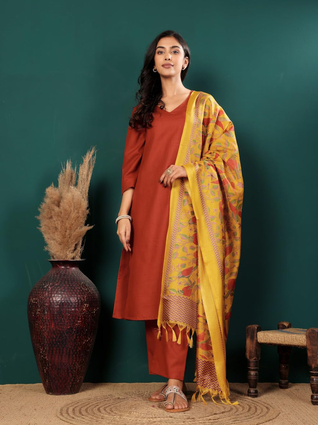 Varanga WomenS V-Neck Straight Kurta Set With Pants & Dupatta  Chic Ethnic Wear For Weddings, Festivals & Special Occasions (Sjs