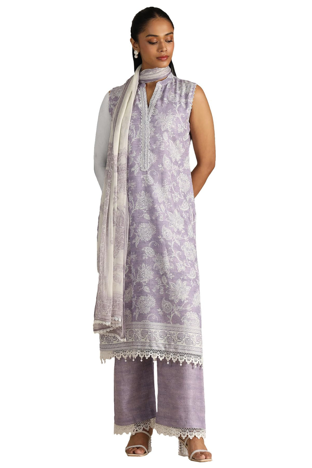 Soch Women Linen Blend Botanical Print Suit Set with Beads