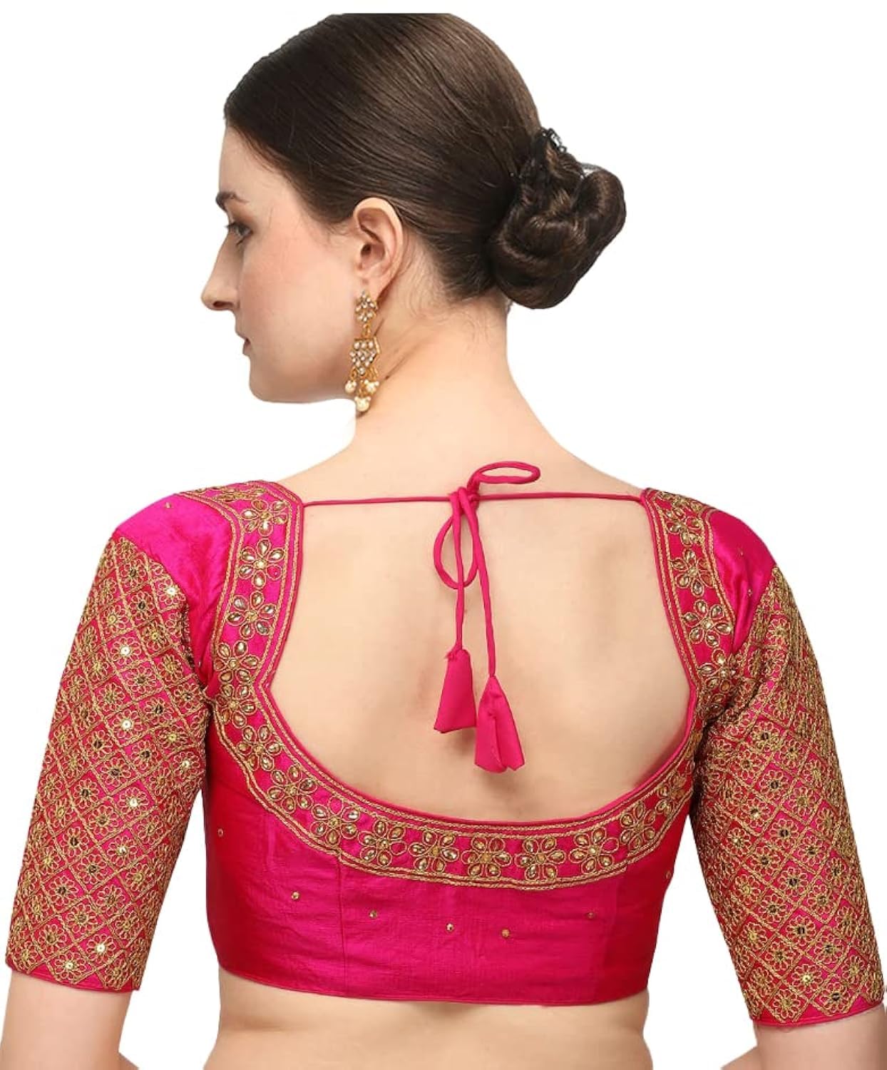 Pujia Mills Womens Embroidery Handwork Sequence Work Necklace Design Readymade Half Sleeve Blouse (Pink, 34)