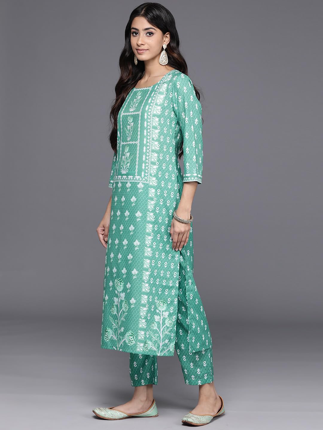 Varanga Women Sea Green Printed Kurta Set Paired With Printed Bottom