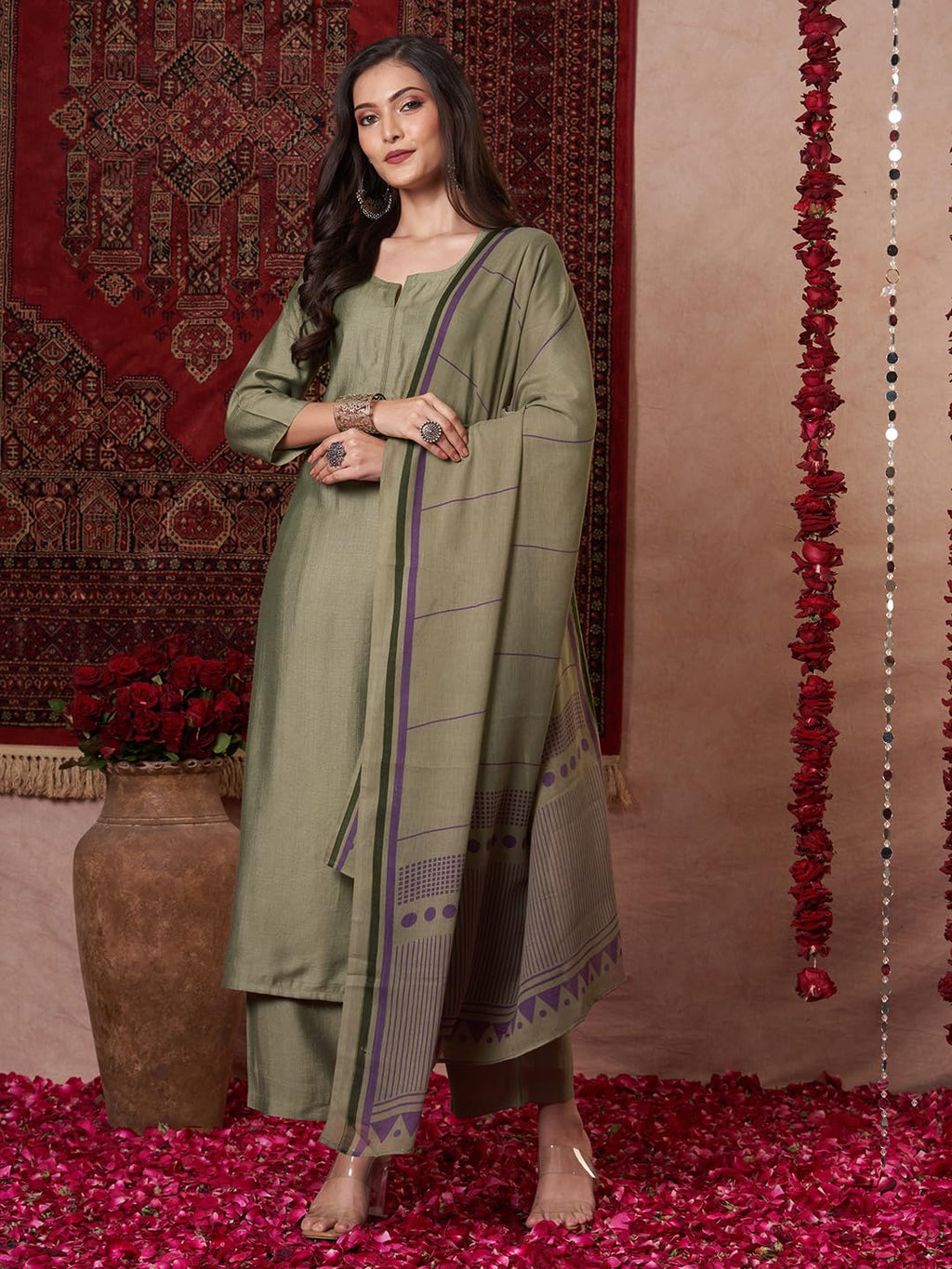 ANNI DESIGNER Women s Plain Viscose Straight Kurta with Trousers and Dupatta, Green, Medium