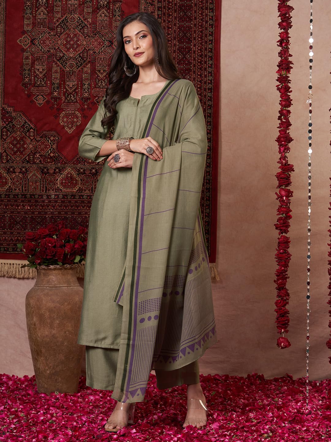 ANNI DESIGNER Women s Plain Viscose Straight Kurta with Trousers and Dupatta, Green, Medium